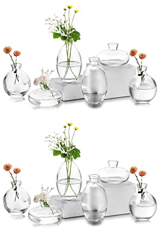 EylKoi Kleine Vasen füR Tischdeko Glas 4 Sätze(12 Stück) Transparent Mini Vase Vintage Handmade Hydroponic Glasvase Blumenvase Modern Set Fuer Hochzeit Tischdeko, Zuhause Wohnzimmer Blumen Rose