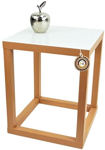 freeroom24, Beistelltisch, Wohnzimmertisch, Couchtisch, Coffee Table, Kleiner Kaffeetisch, Blumenhocker, Blumensäule, Cube, Holzoptik Buche Nachbildung, Glas weiß, 20 x 20 x 40cm, Made in Germany