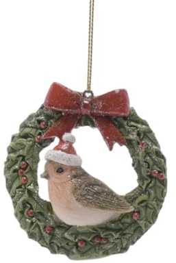 Festliches Rotkehlchen im Kranz, Kunstharz, Weihnachtsdekoration, zum Aufhängen, 7 cm