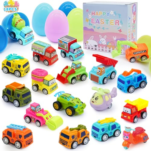 MUFEIRUO 18 Stück Gefüllte Ostereier mit Stadtautos und Lastwagen im Inneren Spielzeug Fahrzeuge für Ostereierjagd, Osterkorb Füller, Osterkörbchenfüller Party Mitgebsel, Ostergeschenk für Kinder