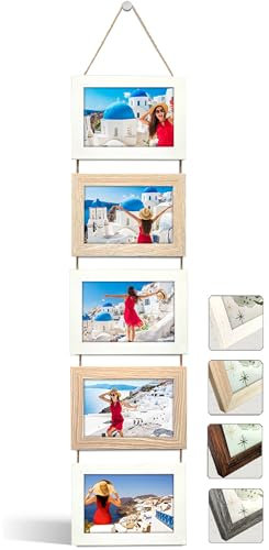 NEOWS Bilderrahmen Collage für Mehrere Bilder - Dekorative Bilderrahmenset zum Aufhängen an der Wand - Mehrfach Fotorahmen Hochformat mit Schnur für 10x15 Fotos (Weiß und Eiche, 5 Horizontale Fotos)