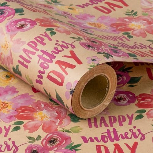 RUSPEPA Kraft Wrapping Paper Roll - Mini Roll - Pink Flower Design Great for Mother's Day, Party - 43.2cm x 10m