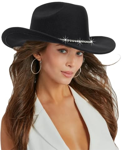 INOGIH Klassischer Cowboyhut aus Filz, aufrollbar, für Damen und Herren, glitzernder Cowgirl-Hut, Filz, Fedora für Disco-Partys, Schwarz, schwarz, Stil 1, M