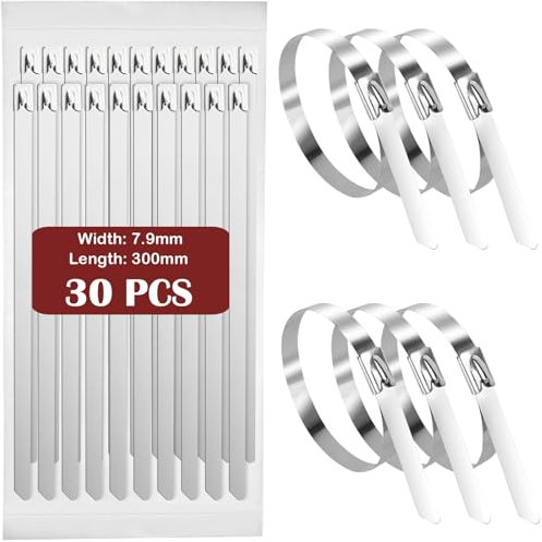 Fohirey 7.9×300mm Metal Cable Ties 30 Pcs, 304 Stainless Steel Zip Ties Silver Metal Tie Wraps, Heavy Duty Metal Zip Ties UV Resistance Steel Cable Ties for Outdoor Fence and Binding Requirements