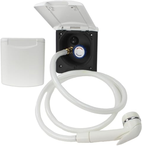 Generisch ABL - Toma de agua para exteriores, manguera de ducha para autocaravana, caravana o caravana, grifo mezclador + interruptor, color blanco