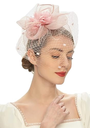 Chapeau bibi de mariée pour femme - Bandeau de fête - Chapeau derby - Fleur de mariage - Voile en maille, Rose nude, taille unique