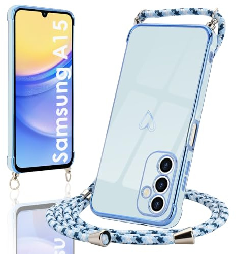 Micoden Handykette für Samsung Galaxy A15 4G/5G Hülle mit Band Herz | Necklace Handyhülle Kameraschutz Herz Love Design Slim Galvanik Silikon TPU Case Kordel zum Umhängen Schutzhülle, Blau