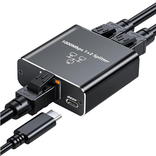 Ethernet Splitter 1 to 2,1000Mbps RJ45 Gigabit Network Splitter,High Speed LAN Internet Cable Splitter with USB-C Power Cable,Compatible with Cat 5/5e/6/7/8 for Router,Computer,Hub,Digital TV,ADSL