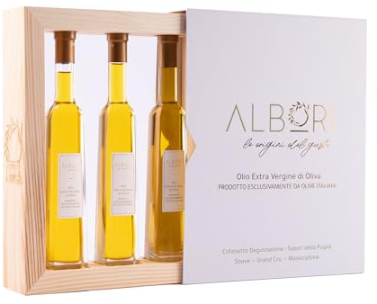 ALBORI Verkostung- Olivenöl Italienisch Extra Nativ Apulisches Kaltgepresst, Geschenkset Geschenkbox Degustation mit 3 Ölflasche Olive Oil 100ml, Premium Geschenkideen Monokultivar und Mischung Oliven