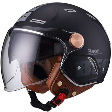 DXDRT Open Face Motorradhelm, 3/4 Retro Moped Helm Für Erwachsene Frauen Männer, 3/4 Half Face Vintage Motorradhelme Mit Visier Für Roller, DOT/ECE Genehmigt,Matte Black g,S 55~56cm
