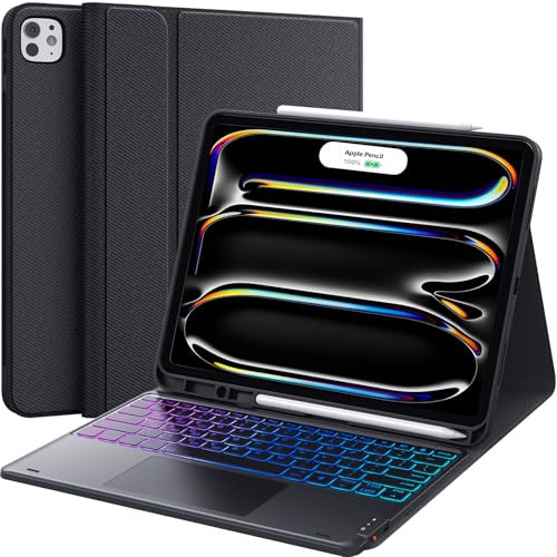 CHESONA iPad Pro 13 inch Case with Keyboard (M4,2024), 3-Zone 7-Colors Backlits, Smart Trackpad, 2 Devices Connection, 3 Adjustable Angles, Magnetic Detachable Keyboard for iPad Pro 13 2024, Black