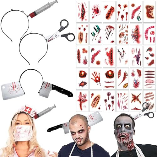 AEYAKA Halloween Horror Haarreif Set Schere, Spritze, Messer im Kopf mit Blut Gruselige Kopfbedeckung & 30 Zombie Tattoo Aufkleber Kostüm Accessoire für Damen Herren Karneval, Cosplay, Masquerade