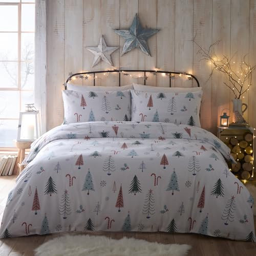 Portfolio Home Alpine Forest Festive Trees Multi Double 100% Brushed Cotton Soft Cosy Bed Linen Bedding Duvet Cover Quilt Set With Pillow Cases