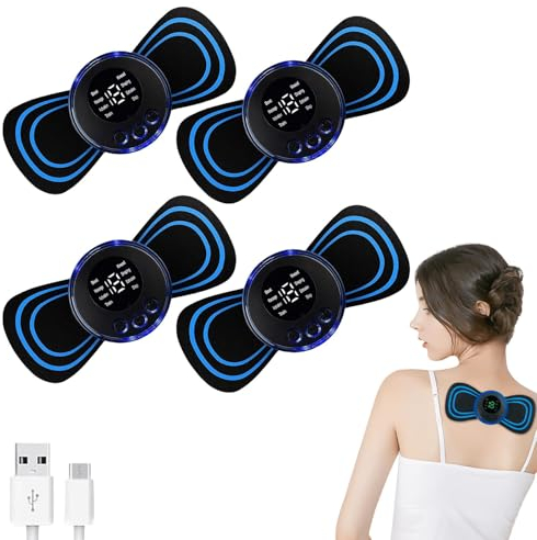 Tragbar Nacken Massagegerät: 4 Stück EMS Mini Massagegerät, 8 Modi 19 Levels Kabelloses Selbsthaftendes EMS Massagegerät, Schulter Nacken Massager, Schmerzlinderung der Körpermuskulatur