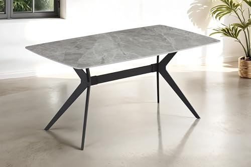 SAM Esstisch 160 x 90 cm Florenz, grau glänzende Keramikplatte, Esszimmertisch/Keramiktisch mit runden Ecken, dünnes X-Gestell aus Metall Schwarz, pflegeleichter Tisch aus Keramik