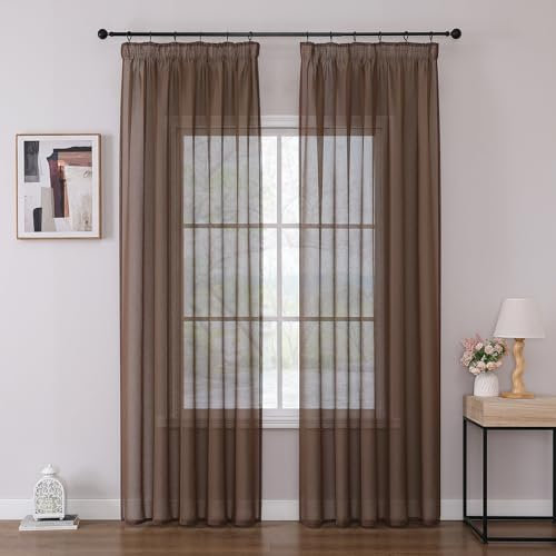 Joydeco 2er Set H225 x B140 cm Braun Vorhänge für Schienensystem Transparent Vorhang Lang Gardinen mit Kräuselband Polyester Curtains Schlafzimmer