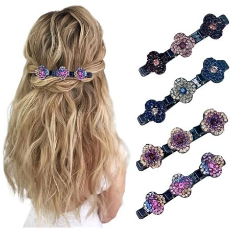 4 Stück Haarspangen mit funkelnden Kristallsteinen, Doppelschicht Haarspangen für Frauen Mädchen, Glitzernde Kristall-Stein Geflochtene Haarspangen mit 3 Mini-Haarspangen, Strass-Haarspange (4PC)