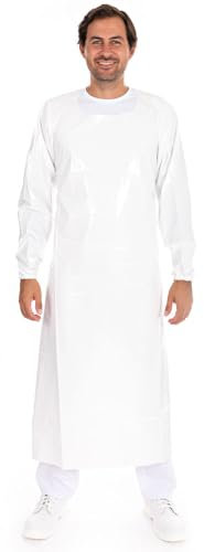 FRANZ MENSCH 1 Stück Hygostar Ärmelschürze | TPU, weiß, B: 90cm, L: 140cm, Wasserdicht Langarm Schürze, Arbeitsschürze, Metzgerschürze