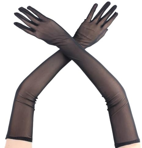 Long Black Tulle Gloves - Super Long Sexy Mesh Opera Gloves for Women, Stretchy Elbow Length, for Ladies Wedding, Outdoor Party, Halloween Costume, 1920s Dance