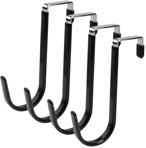 Gments 4Pcs Over Door Hooks Fits Fits 4.5cm Single Over The Door Hangers Wide Kitchen Stainless Steel Towel Coat Hooks with Anti-Scratch Rubber Surface for Hanging Clothes Starter Garland, Black
