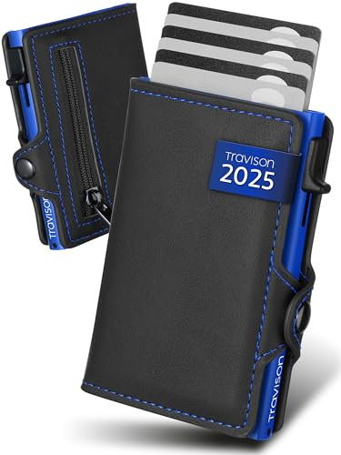 Travison® SMART Wallet mit Münzfach und Geldscheinfach - Kartenetui mit Münzfach und Schnellzugriff - RFID-Schutz - Herren Geldbörse klein - Kreditkartenetui - Geldbörse mini (Schwarz-Blau)
