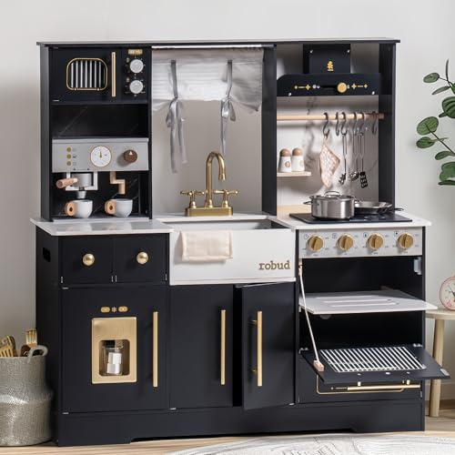 ROBUD Küchenspielset für Kinder aus Holz – Moderne, große Spielküche in Schwarz mit Kühlschrank, Kaffeemaschine, Eismaschine und mehr – für Kinder ab 3 Jahren