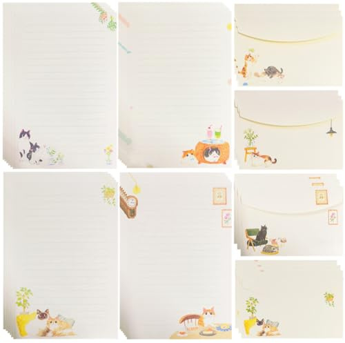 SamHeng A5 Briefpapier mit Umschlägen Set, 24 Briefpapier mit 12 Briefumschläge, 4 Stile Katze Themen Umschläge Schreibpapier Liniert für Hochzeit Party Einladungen Gedicht Hause Büro Schule
