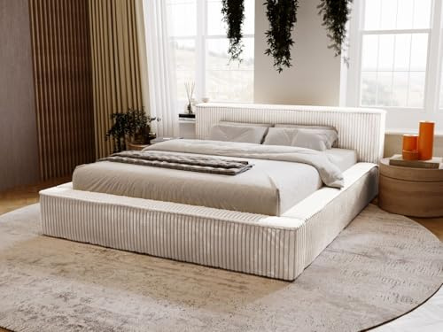 GRAINGOLD Lago Bett 140x200, Polsterbett mit Bettkasten, Polsterbett mit Stauraum, Cord, mit Lattenrost, mit Kopfteil, ohne Matratze (Hellgrau, 140x200)