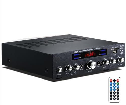 Amplificatore Bluetooth 5.1 Bluetooth, Amplificatore HiFi Stereo, con Display LCD e Telecomando, USB/SD/Mic in, per Altoparlanti Home Theater, Studio