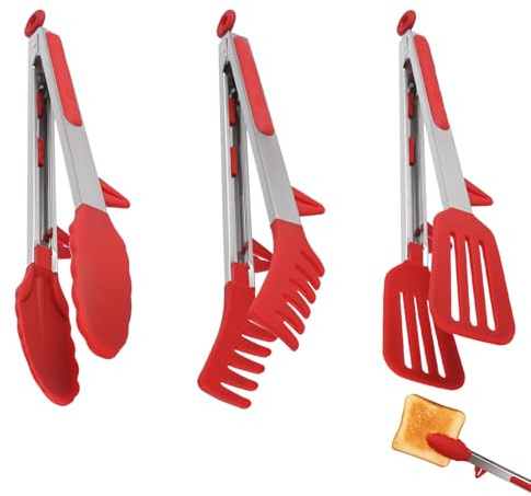 Quvxzy Pince cuisine en acier inoxydable en trois parties, pince cuisine silicone, pince spaghetti, pince grille pain, pince alimentaire cuisine, pince a spaghetti Pinces à salade, pinces à barbecue
