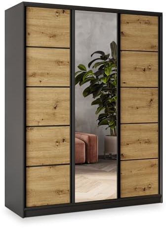 Masseno Schiebetürenschrank NATA 150/205/58 cm Kleiderschrank mit 4 Schubladen Schlafzimmer Schrank 3-türig mit Spiegel Schwarz/Eiche Artisan