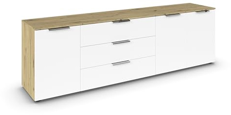 Rauch Möbel Flipp, Kommode, Farbe Weiß/Eiche Artisan, Breite 199 cm | Sideboard, 3-türig, 3 Schubladen, Soft-Close-Funktion, für Schlafzimmer, Gästezimmer, Wohnzimmer, Garderobe, Flur