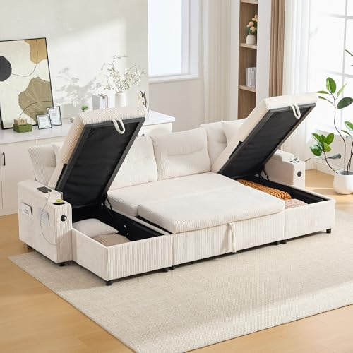 Luscriate Multifunktionales Samt Schlafsofa 4-Sitzer – Ecksofa mit Schlaffunktion, Doppel-Chaiselongue, Stauraum, USB-Anschlüssen & Getränkehaltern, modernes Wohnzimmer Sofa Beige