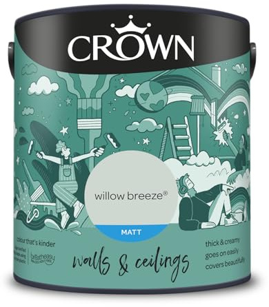 Crown Willow Breeze® 2.5L Walls & Ceilings Matt Emulsion | Rich velvety matt in Willow Breeze. Covers beautifully. Ideal for bedrooms & living rooms. L Low VOC, low odour, vegan