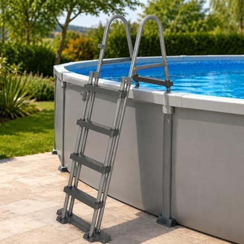 Koem Scala di Sicurezza per Piscina Fuori Terra, con Sistema Flip e Lock, Telaio in Metallo, Gradini in Plastica Rinforzata (122 CM)
