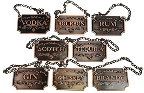 Copper Liquor Decanter Tags / Labels Set of Eight - Whiskey, Bourbon, Scotch, Gin, Rum, Vodka, Tequila and Brandy - Copper Colored - Adjustable Chain Fits Most Bottles (Copper)