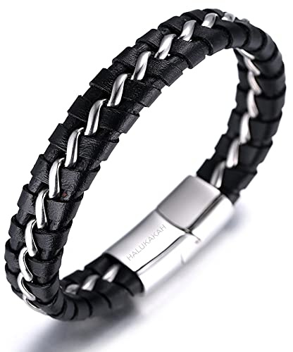 Halukakah ● Solo Argent/Honneur Or/Veilleuse Noir ● Bracelet pour homme Fait main | Cuir véritable noir | Fermoir magnétique en acier inoxydable | Chaîne en titane | Coffret cadeau gratuit