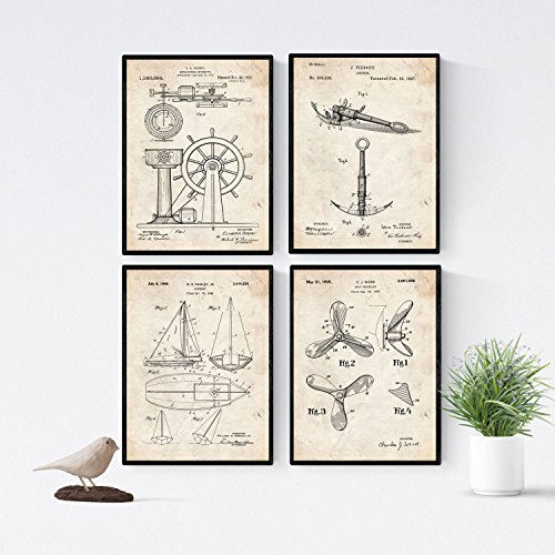 Nacnic 4 poster mit boot patenten | posterset mit erfindungen und alten werkzeugen | bilder von ruder, anker, segelboot und schiffsschraube | größe a4.