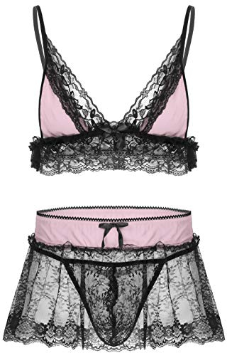 iiniim Sissy Lingeries Homme sous Vêtement Ensemble Dentelle Transparent Bra Soutiens-Gorge Bretelle avec String Travesti Nuisette Pyjama M-4XL Rose L