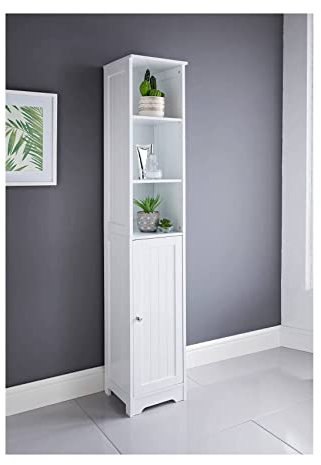Saxony® Bathroom Storage Cabinet with 3 Shelves and 1 Door Tallboy White Wooden Furniture Unit tall narrow cupboard Slim Floor Standing Design cabinets