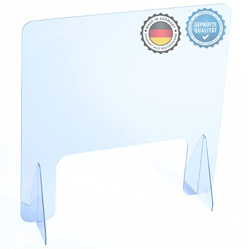 AtHaus® Spuckschutz Schutzscheibe aus Acrylglas Premium Quality, 60 x 60 (BxH) cm mit Durchreiche 30x10 (BxH) cm Trennwand Virenschutz Sichtschutz Spuck und Niesschutz Thekenaufsatz