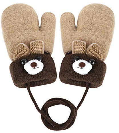 JIAHG Moufle Tricoté pour Bébé Fille Garçon Hiver Gants Plein-doigts Double-Couches Gants épais Chaud en Plein air Mignon Moufle Animal avec Cordon Anti-Perdu pour Enfants 0-3 Ans