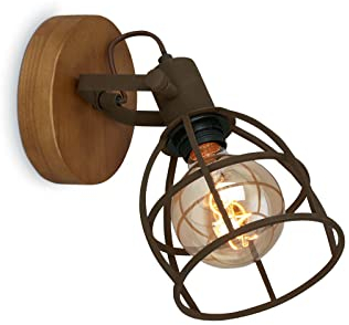 Briloner Leuchten - Wandspot retro mit Gitterschirm, 1-flammige Wandleuchte vintage, E27 Fassung max. 25 Watt, verstellbarer Lampenschirm, rustikale Wandlampe aus Holz und Stahl, Dunkelbraun