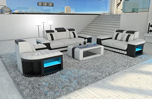 Couchgarnitur Bellagio 3-2-1 Leder Sofagarnitur mit Beleuchtung moderner 3 Sitzer 2 Sitzer und Sessel (ohne LED Licht, Schwarz-Weiß)
