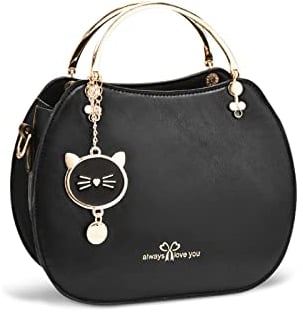 NICOLE & DORIS Runde Umhängetasche Damen Handtasche Klein Tasche Mode Crossbody Bag Damen PU Leder Henkeltasche Niedlich Schultertaschen Handytasche mit Katze Anhänger Schwarz