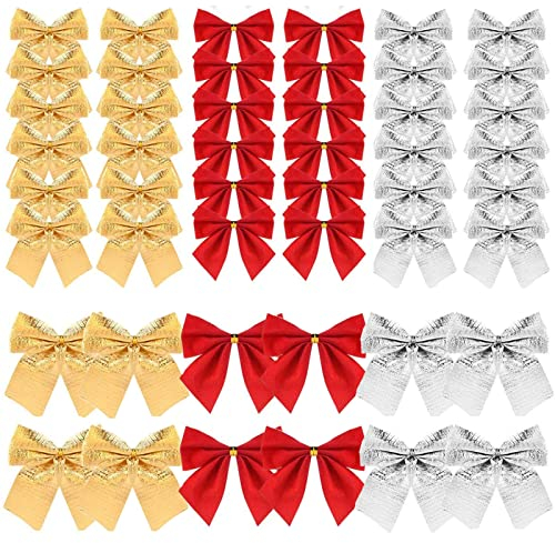 SIMBLOOM 150 Pcs Mini Lazos Arcos del Árbol de Navidad Fiesta Dorado Plateado Rojo Manualidades para Árbol de Navidad Decoraciones Regalo Artes Artesanías