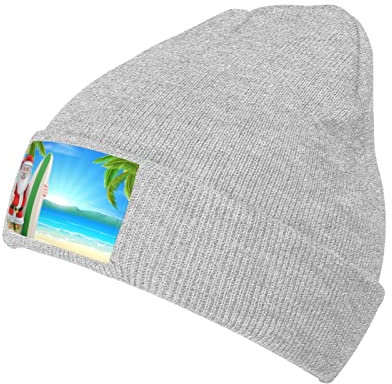 ASEELO Weihnachtsmann mit dem Strand und Surfbrett Winter Strickmütze für Damen Herren Ski Skull Cap für Wandern Radfahren Camping Joggen Schwarz, grau, One size