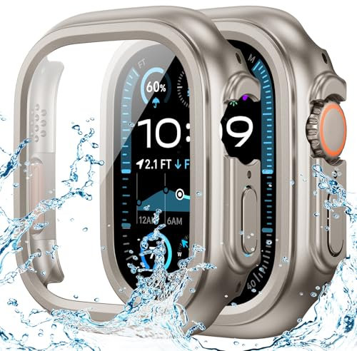 Goton Funda impermeable para Apple Watch Ultra Ultra2 de 49 mm, protector de pantalla completo de policarbonato duro, accesorios diseñados para iWatch de 49 mm, titanio