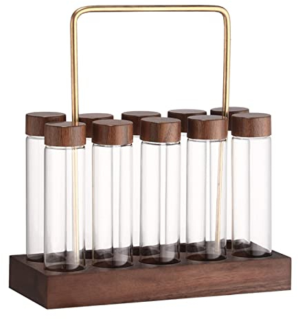 Single Dose Coffee Bean Storage Tubes Coffee Bean Cellar, 10 Pcs Dosing Glass Vials with Lids, Wooden Display Stand And Funnel