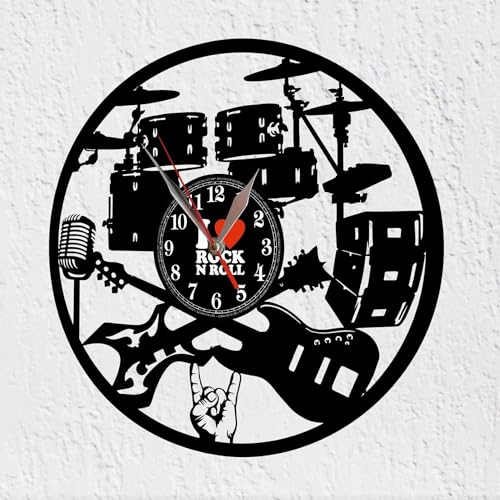 VINY WOODY Uhr mit Rockbandinstrumenten, Punk, Musik, schweres Metall, E-Gitarre, Akku, Wanddekoration aus Vinyl